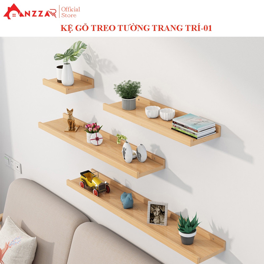 Kệ gỗ treo tường Anzzar thiết kế thanh chắn tiện dụng gỗ thông nhập khẩu trang trí nội thất phòng khách KG-02