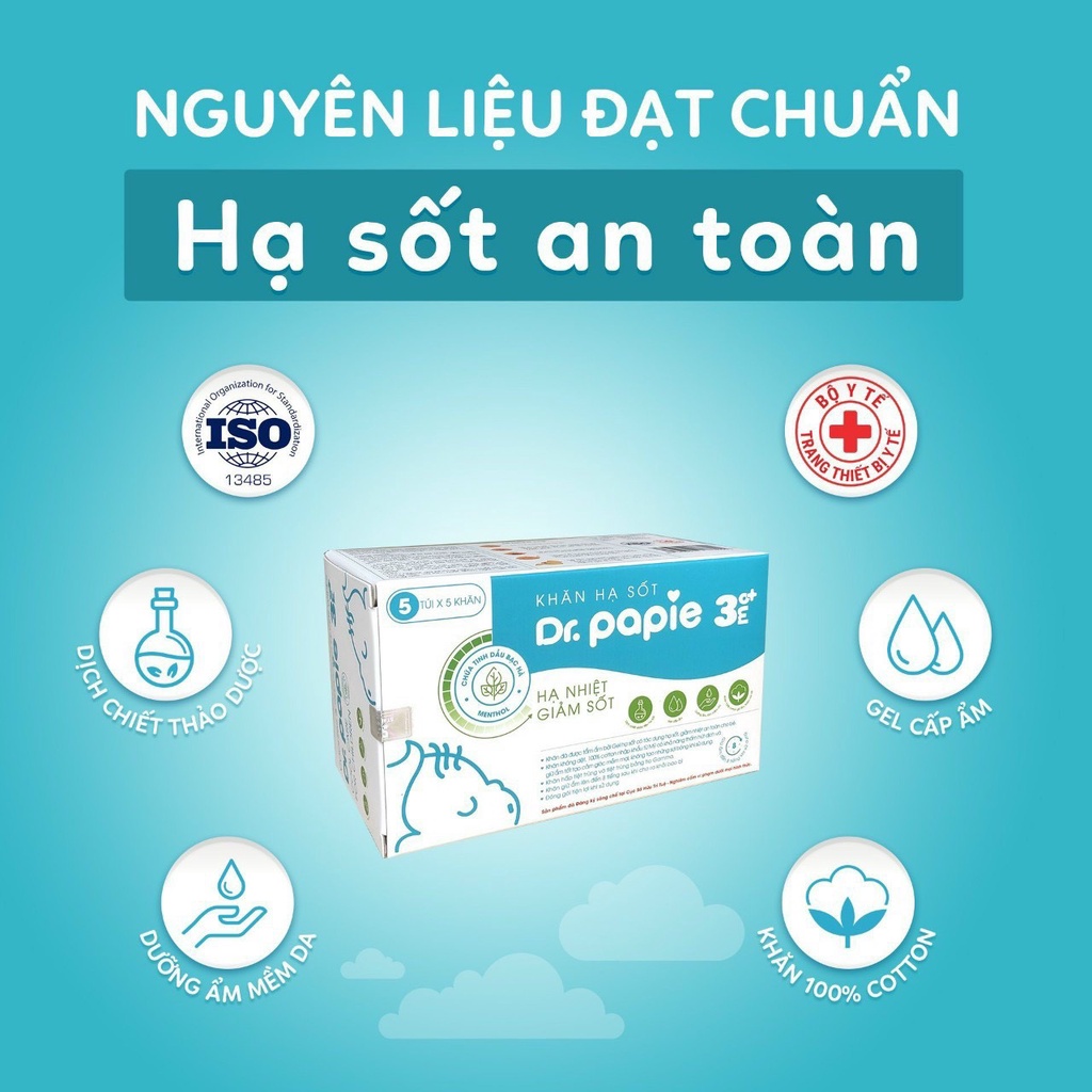 [CHÍNH HÃNG] Khăn lau hạ sốt cho bé từ sơ sinh hộp 5 gói x 5 khăn Dr Papie