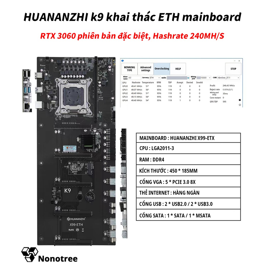 Mainboard HUANANZHI K9 Mining, 2011-3 DDR4 đặt hàng trước, Có thể sử dụng nhiều RTX 3060, Máy đào, BTC, ETH, XMR,XRP,ZEC