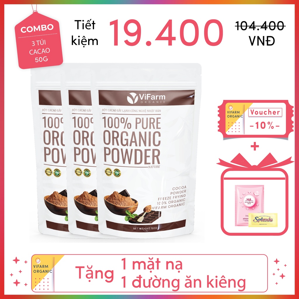 Bột Ca Cao Nguyên Chất 100% ViFarm 50Gram, Bột Cacao không đường, Hỗ Trợ Giảm Cân, Ăn Kiêng