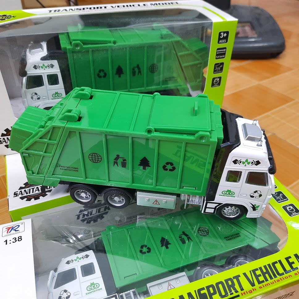 Đồ chơi trẻ em mô hình xe ô tô chở rác tỉ lệ 1:38 xe mở được thùng rác