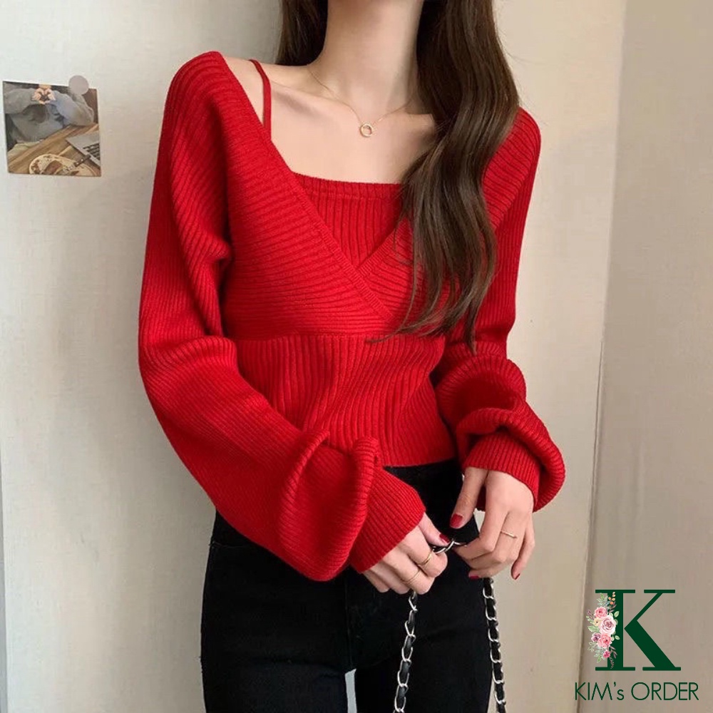 Áo len nữ cổ chữ V tay bồng màu đỏ đi chơi Noel giáng sinh Tết thắt nơ tiểu thư nữ tính chất co dãn sang chảnh cá tính