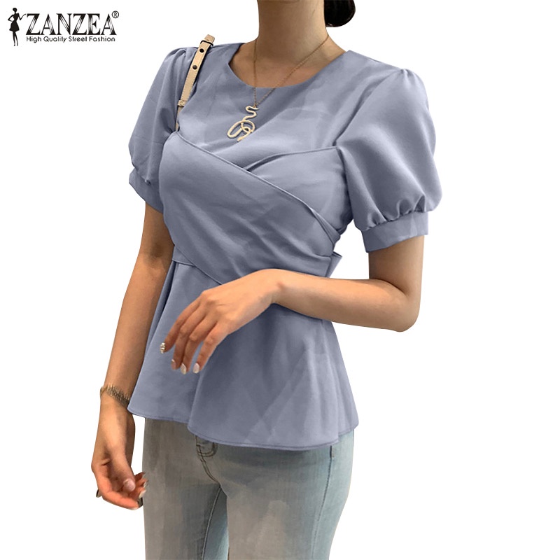 Áo kiểu Zanzea tay ngắn cổ tròn cột nơ lưng sau thời trang Hàn Quốc cho nữ