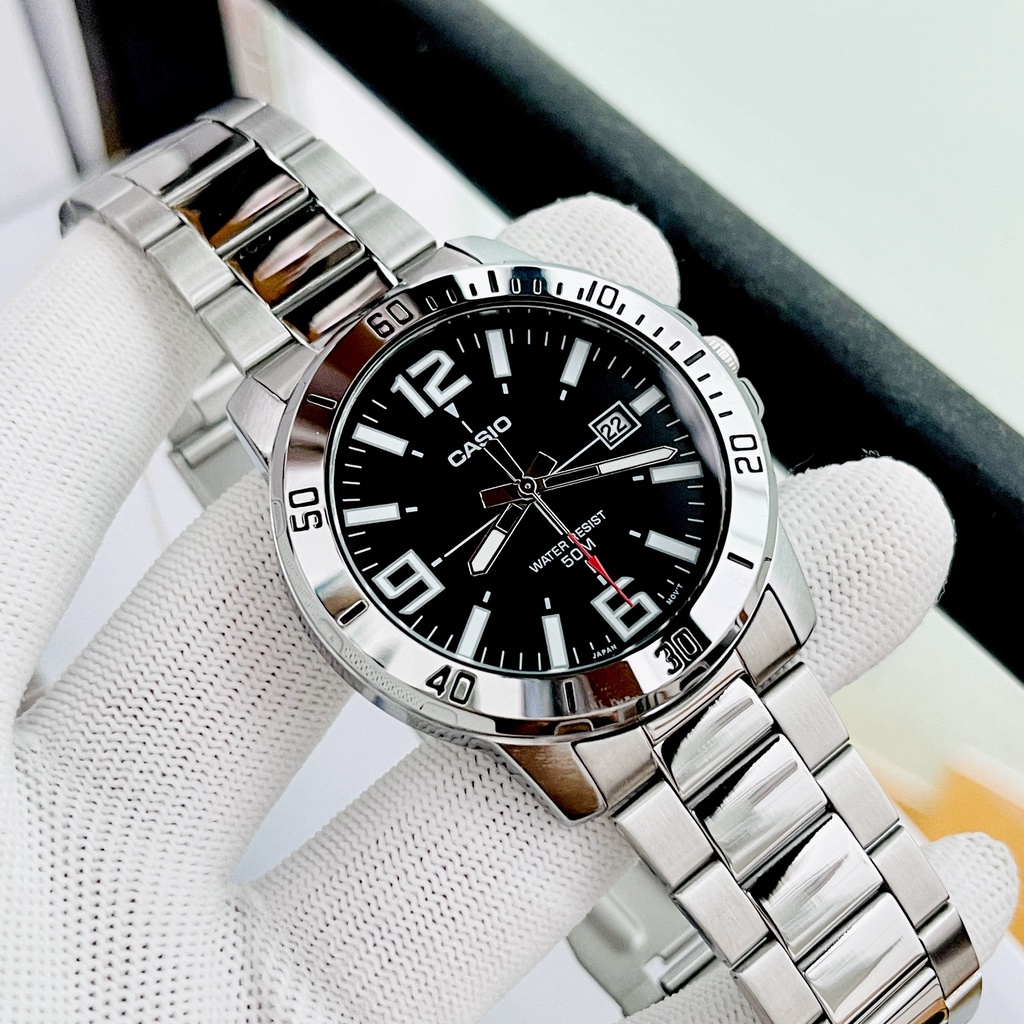Đồng hồ nam dây thép Casio MTP VD01D-1E Mặt đen số hoc trò - Kính khoáng - Size 45mm Bảo hành 1 năm Hyma watch