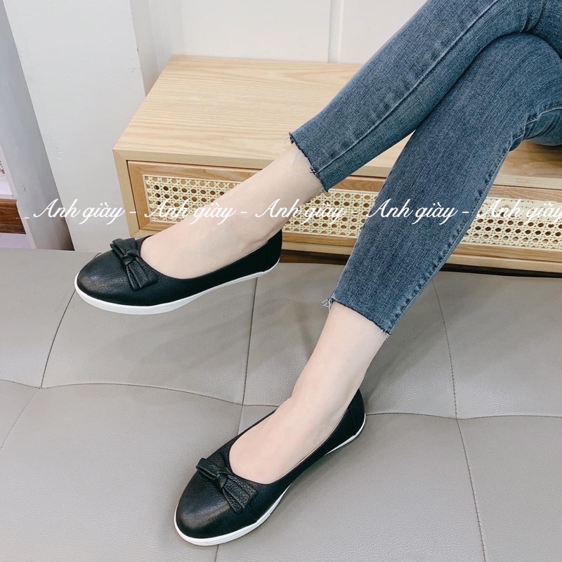 GB11 - Giày bệt da bò mũi tròn nơ ngang chất da siêu mềm nhẹ êm 3 màu đen , trắng , bò  hàng VNXK