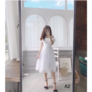 Đầm trễ vai phối lưới, đầm dự tiệc ảnh chụp thật