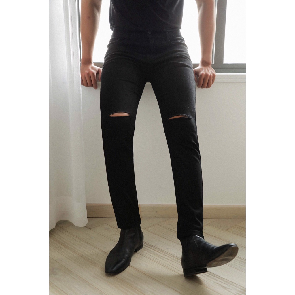 A/G Quần Jean Nam Cao Cấp Đen Rách Gối ZIPPER Phom Skinny Phong Cách Năng Động Trẻ Trung