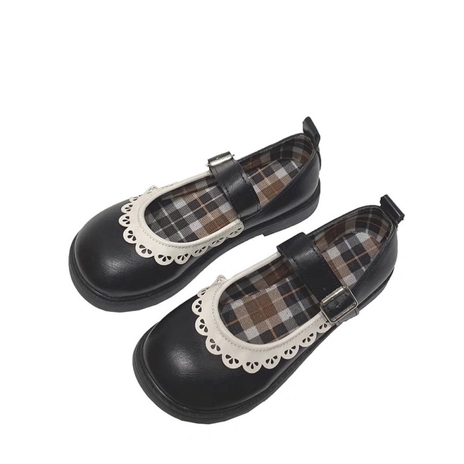 Giày búp bê có quai viền ren lót caro vintage Mary Jane Yannie Lolita