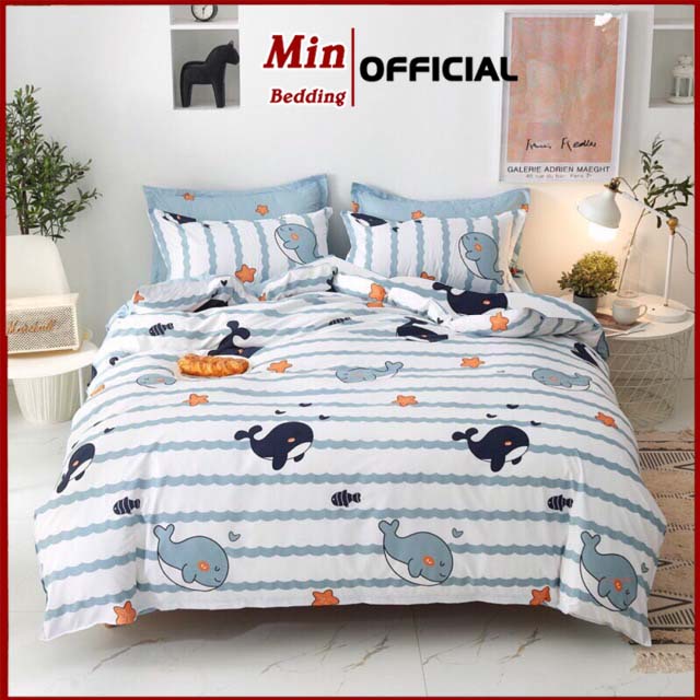 Bộ Chăn Ga Gối Cotton Poly M6 M8 M2 mẫu Cá Heo Xanh. Set chăn ga 5 món, 4 món, 3 món - Min Bedding