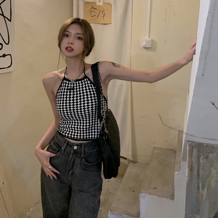 Áo hai dây sọc caro trắng đen cá tính thoải mái thời trang mùa hè phong cách Hàn Quốc