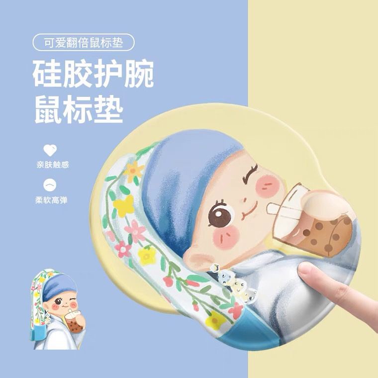Bn di chu t Miếng Lót Chuột Bàn Phím Bằng Silicon Hình Cô Gái Uống Trà Sữa Dễ Thương Có Đệm Kê Cổ Tay Sử