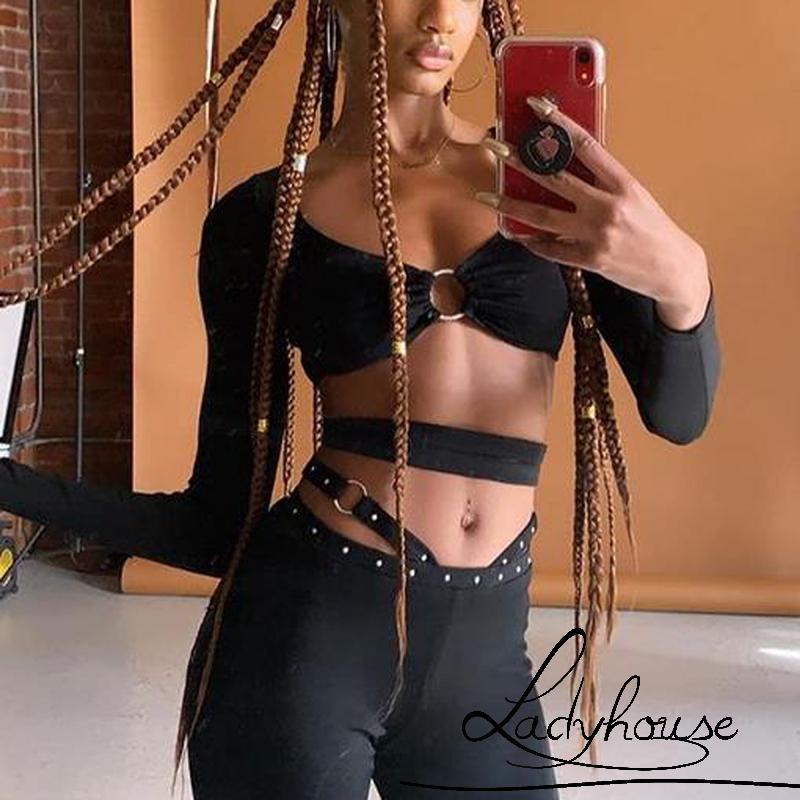 Áo Croptop Tay Dài Cổ Vuông Màu Trơn Khoét Lỗ Màu Trơn Quyến Rũ Cho Nữ