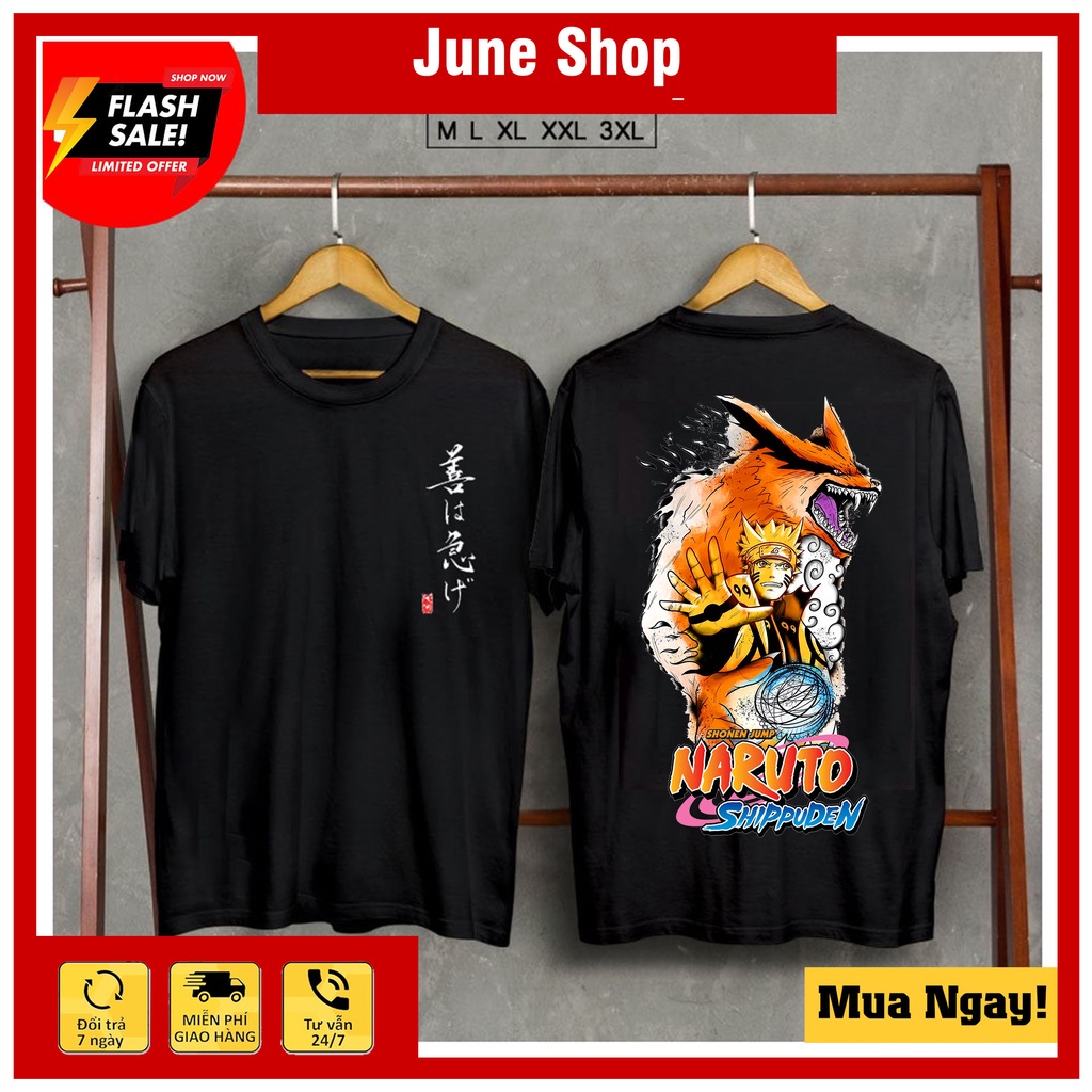 Áo thun anime, Mẫu áo Naruto Cửu Vĩ màu đen cộc tay cực chất, giá rẻ nhất