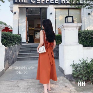 Váy maxi cam hở lưng thắt nơ