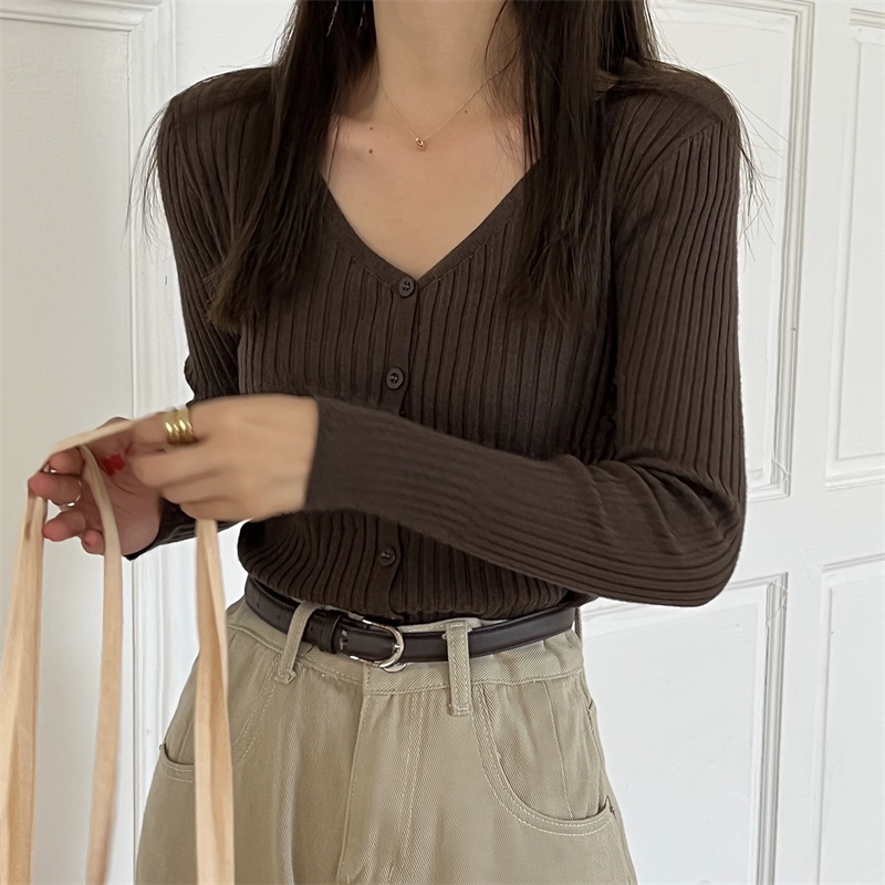 SUXI Áo Cardigan Dệt Kim Tay Dài Cổ Chữ V Màu Sắc Đơn Giản Cho Nữ