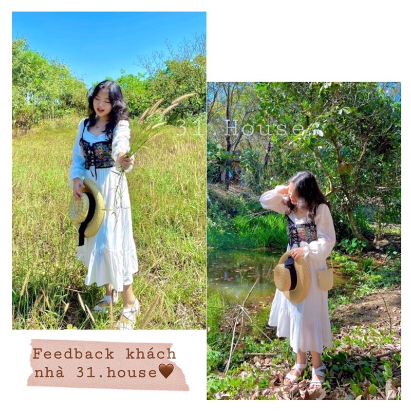 SẴN SET NGẮN ✨Set Váy Trắng Dài Tay kèm Corset Hot Hit🎀Bảng size và ảnh thật shop chụp ở cuối