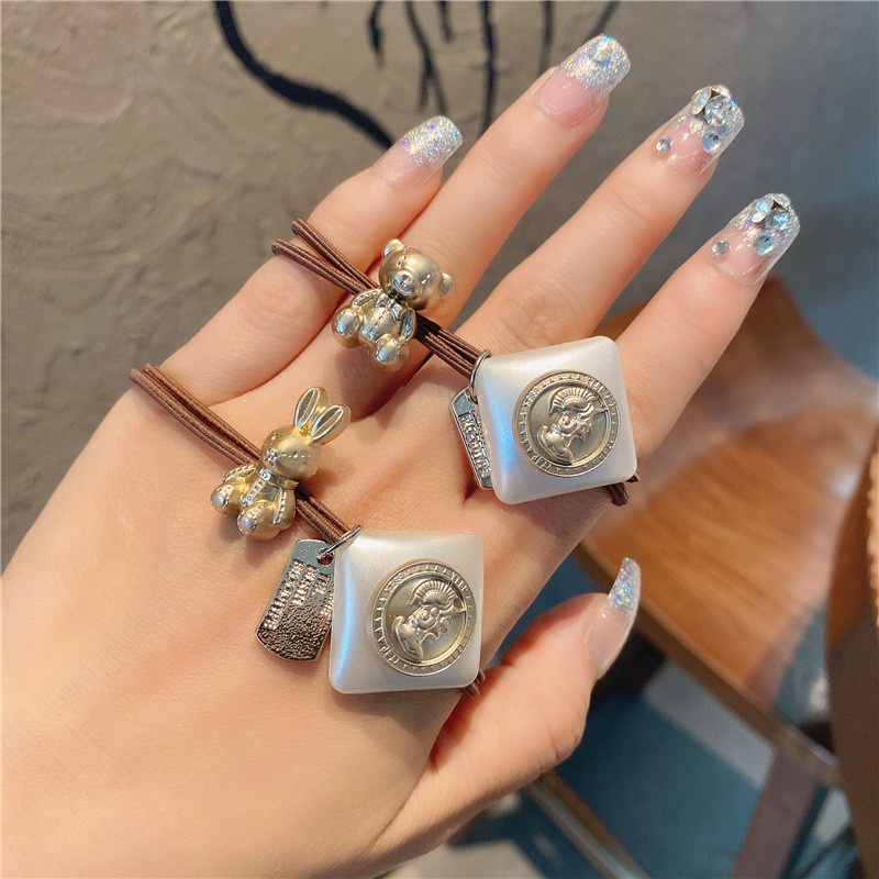 ✨✨Dây buộc tóc đính gấu / thỏ và thẻ mặt vuông phong cách retro Âu Mỹ thời trang cho nữ