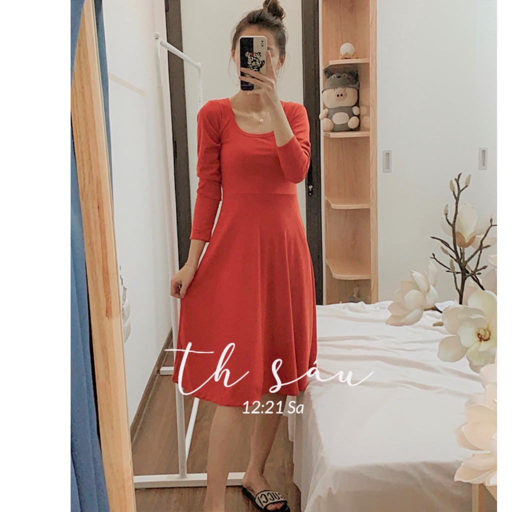 Đầm nữ dáng xòe cổ vuông vải tăm cao cấp có video
