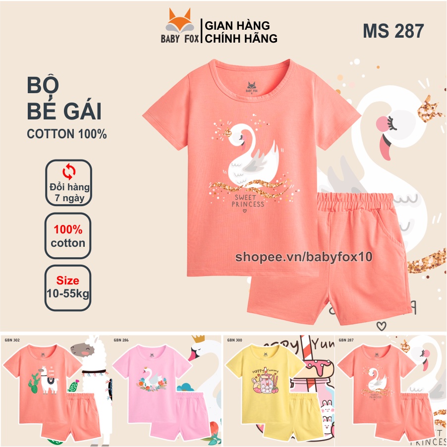 Bộ bé gái size nhỏ, trung, đại 100% cotton loại tốt, thương hiệu BABY FOX, hình thiên nga, kẹo 10-55 kg f