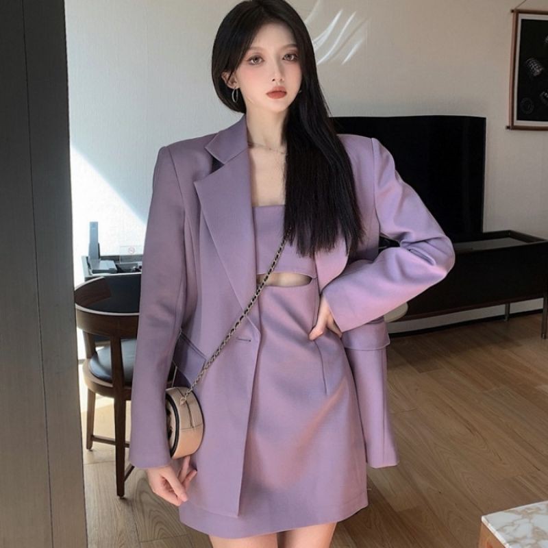 Ảnh thật 4 hình cuối-2W493.Set áo blazer kèm váy 2 dây cut out màu tím kiểu Tây
