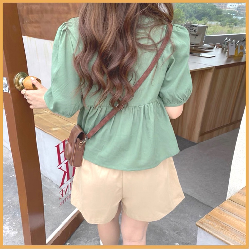 Áo sơ mi nữ cộc tay cổ vuông A850, áo kiểu nữ babydoll xếp ly eo chun nơ dây trước ngực tiểu thư đẹp cá tính - CHAKOVET