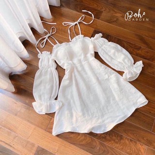 Đầm Dự Tiệc Trắng Cột Dây Trễ Vai