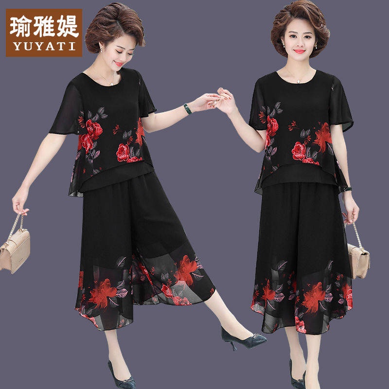 Bộ Áo chiffon Dáng Rộng size Lớn + Quần Ống Rộng Thời Trang Mùa Hè Cho Phụ Nữ Trung Niên 50 Tuổi