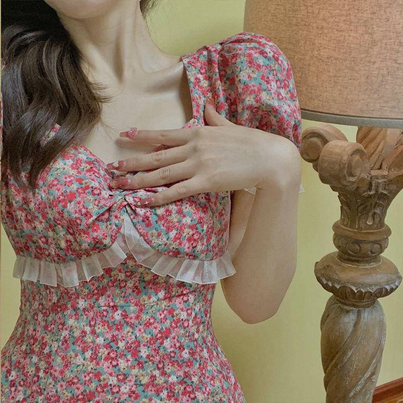 Mới Đầm Hoa Đỏ Dáng Dài Phong Cách Mori Pháp Cổ Điển Thời Trang Cho Nữ