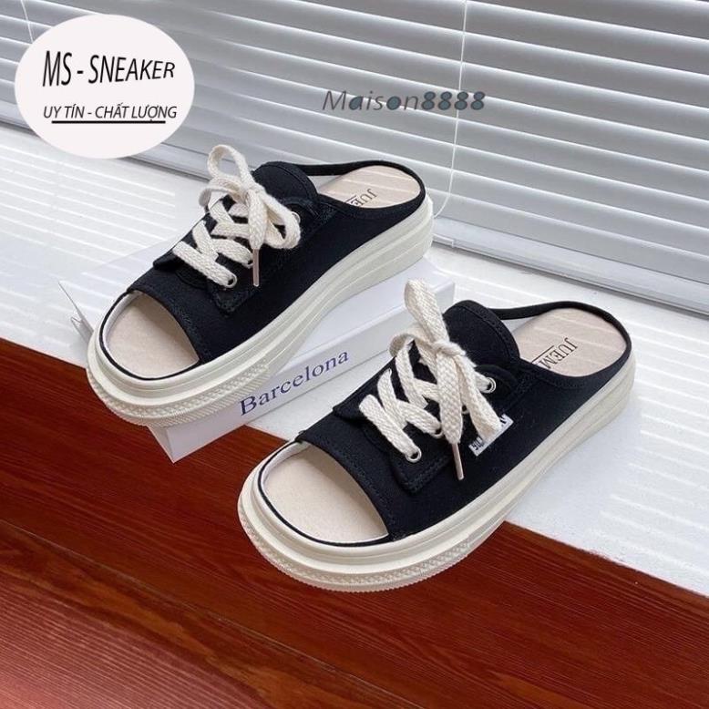 Dép quai ngang [MAI SARA STORE] dép sục nữ dây buộc hở mũi đế bánh mì hai màu đen, kẻ caro size 35-39