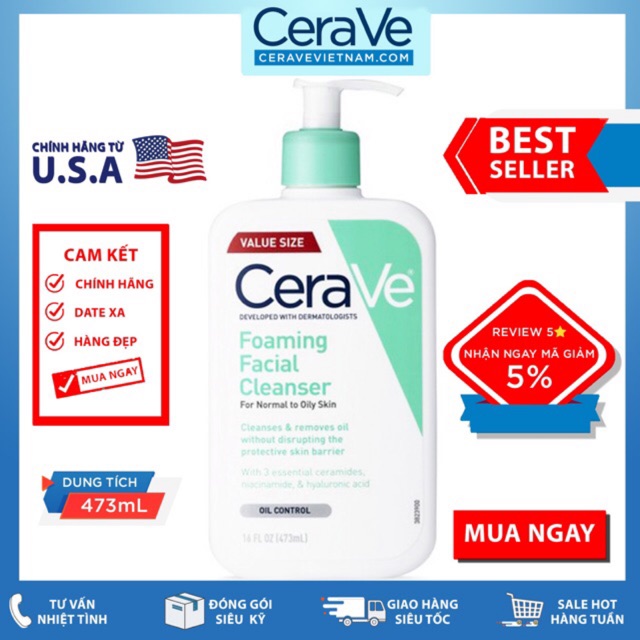[Mã 1911FMCGSALE giảm 8% đơn 500K] Sữa rửa mặt CeraVe Foaming Facial Cleanser Value Size (473mL)