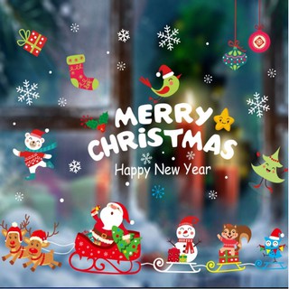 Decal trang trí giáng sinh hít tĩnh điện PP09 - ông già noel xe kéo chở sóc và người tuyết