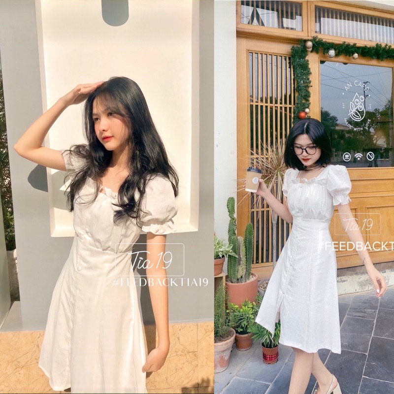 Váy trắng cúc bọc cộc tay . Đầm cổ vuông dáng xoè ulzzang Tia19 ( Ảnh thật)