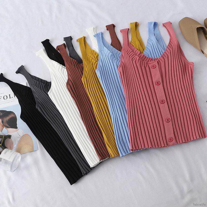 Áo tank top không tay cổ chữ U phối nút màu trơn