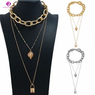 Punk Multlayer Metal Chain Necklace Big Thick Chain Lock Pendant Long Necklace Fashion Jewelry