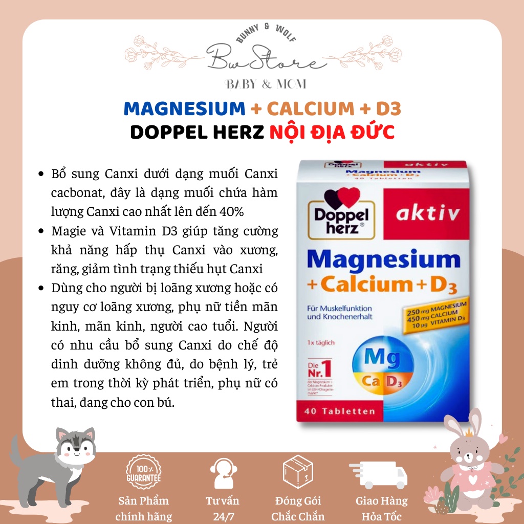 Magnesium + Calcium + D3 Doppel Herz Nội địa Đức Hộp 30 viên [Date mới nhất]