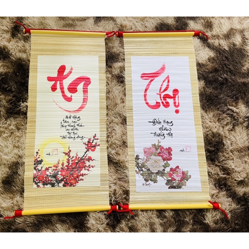 Thư pháp chữ trên mành tre 30*70 cm