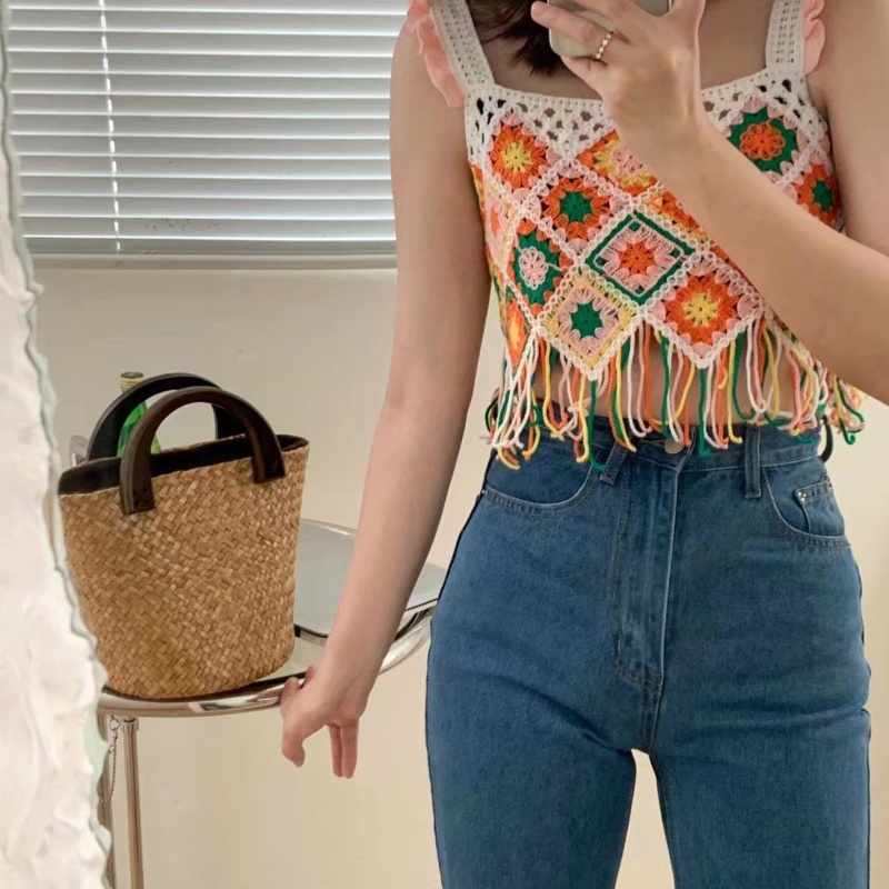 Áo Croptop Hai Dây Dáng Rộng Họa Tiết Hình Học Phối Tua Rua Nhiều Màu Sắc Thời Trang Đi Biển Cho Nữ