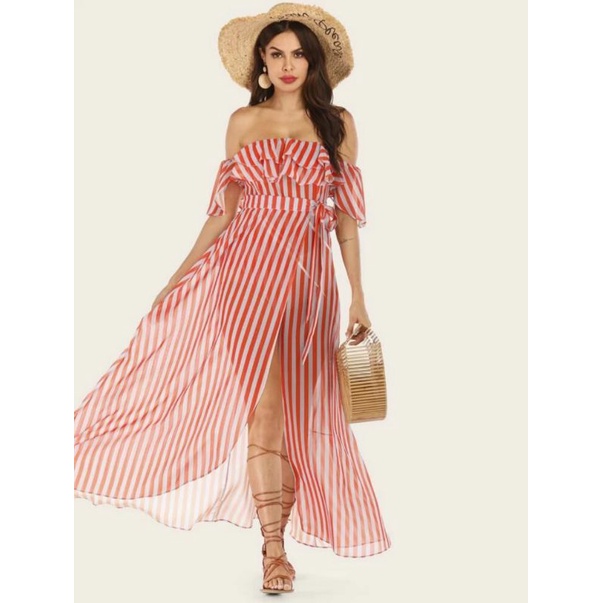Off shoulder ruffle split maxi dress vnxk đầm maxi bẹt vai dáng dài xẻ tà tay rũ bèo cánh tiên xuất khẩu dư xịn