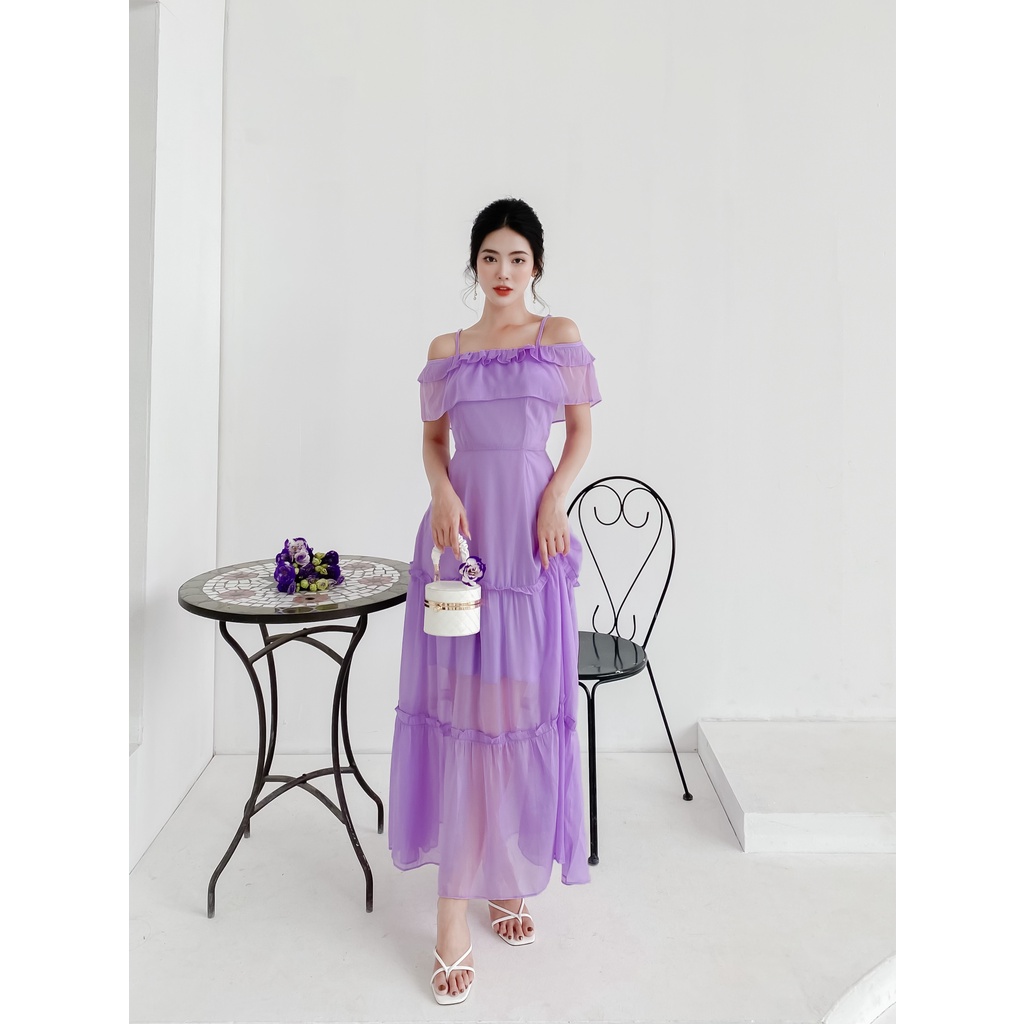 Váy maxi váy hai dây váy trễ vai dáng dài màu tím chất tơ óng cao cấp váy đi biển đi du lịch váy suông bigsize YAME