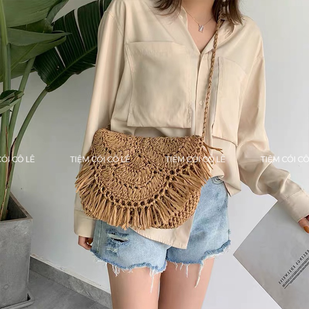 Túi cói viền tua rua hoa văn vintage đẹp mắt - Tiệm Cói Cô Lê