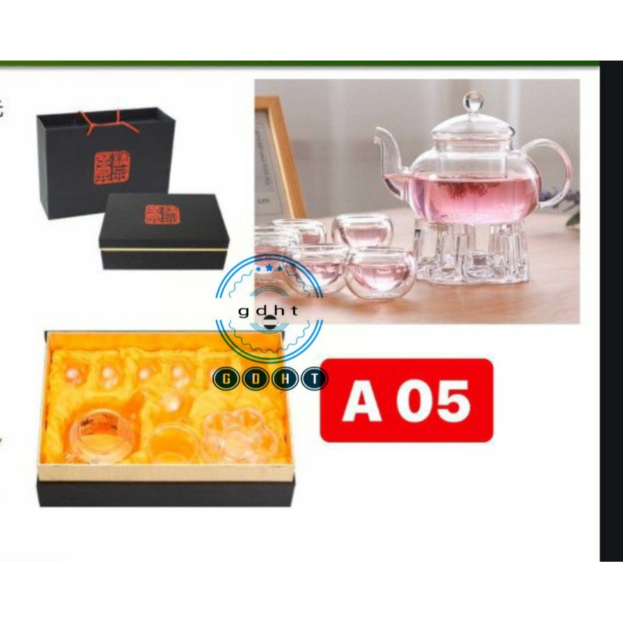 BỘ ẤM CHÉN THỦY TINH ,Bộ bình trà bếp nến 6 cốc thủy tinh 2 lớp kèm lõi lọc chịu nhiệt  A05