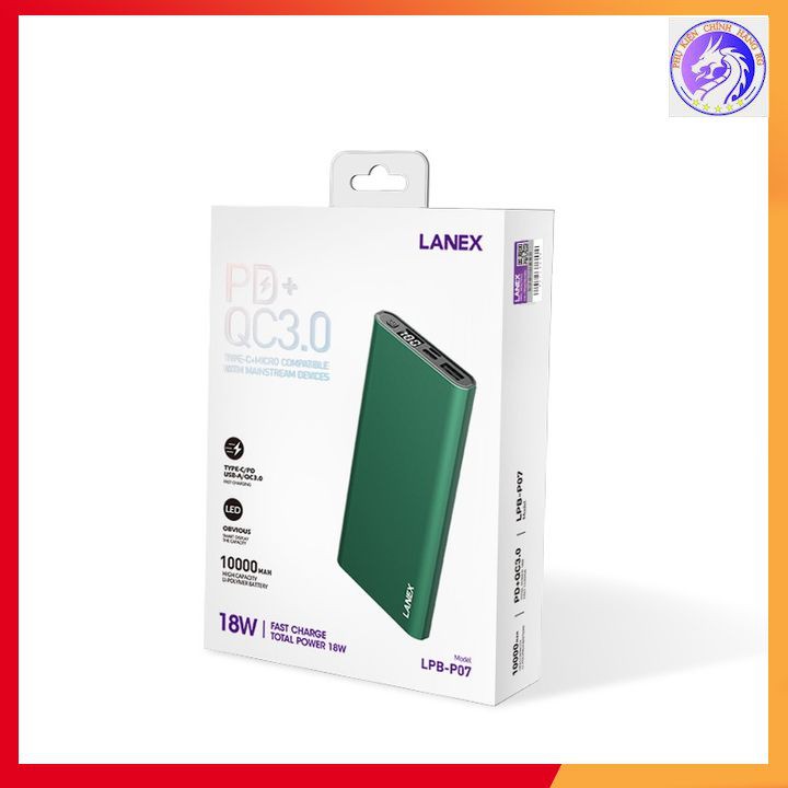 Pin Dự Phòng Sạc Nhanh 1 Cổng USB + 1 Cổng Type-C 3.0A - PD - QC3.0 - 18W 10000MAH Lanex LPB - P07 - Màn Hình Led