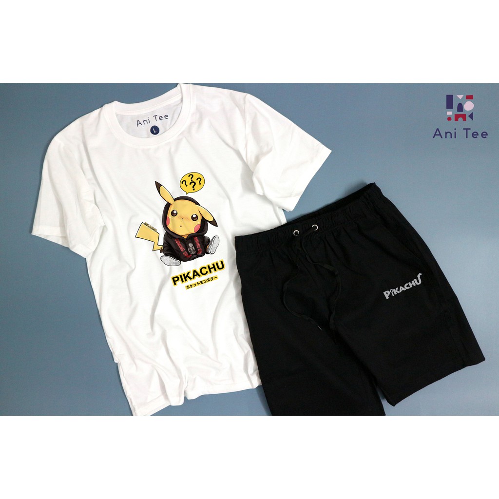 [UNISEX] COMBO ÁO THUN COTTON + SHORT KAKI PIKACHU HOẠT HỌA