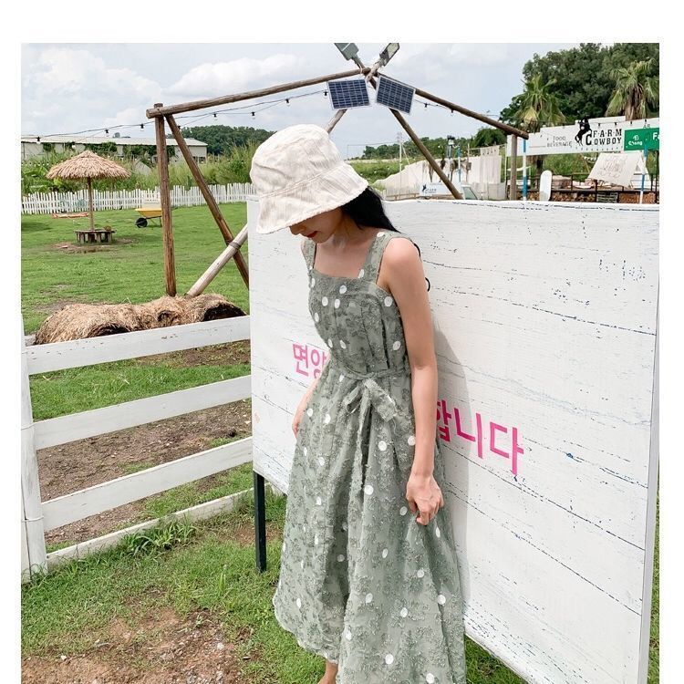 French chiffon retro polka dot embroidery fairy flocking holiday mid-length suspender dress