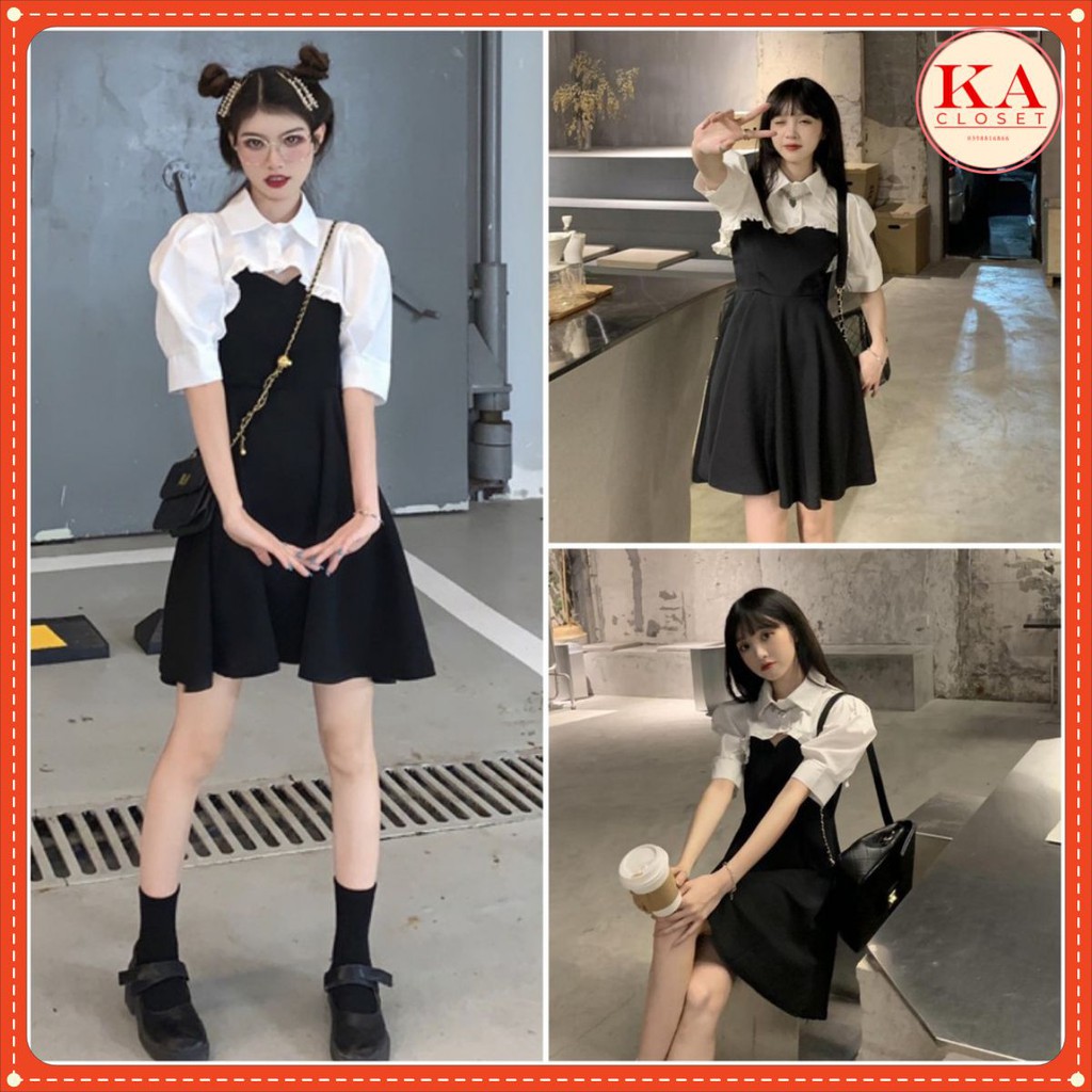 Set váy phối nửa sơ mi ngắn tay KA Cloet set váy tiểu thư hot gồm áo sơ mi và váy mặc được 2 kiểu