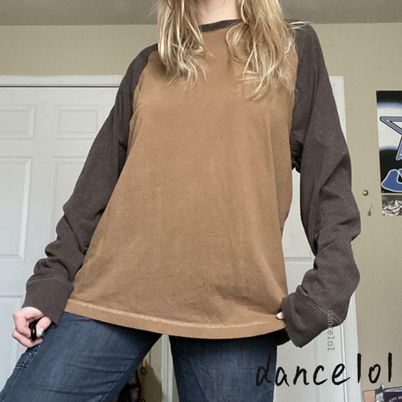 Áo Thun Tay Dài Cổ Tròn Phối Màu Sắc Tương Phản Phong Cách Cổ Điển Cho Nữ dance1o1