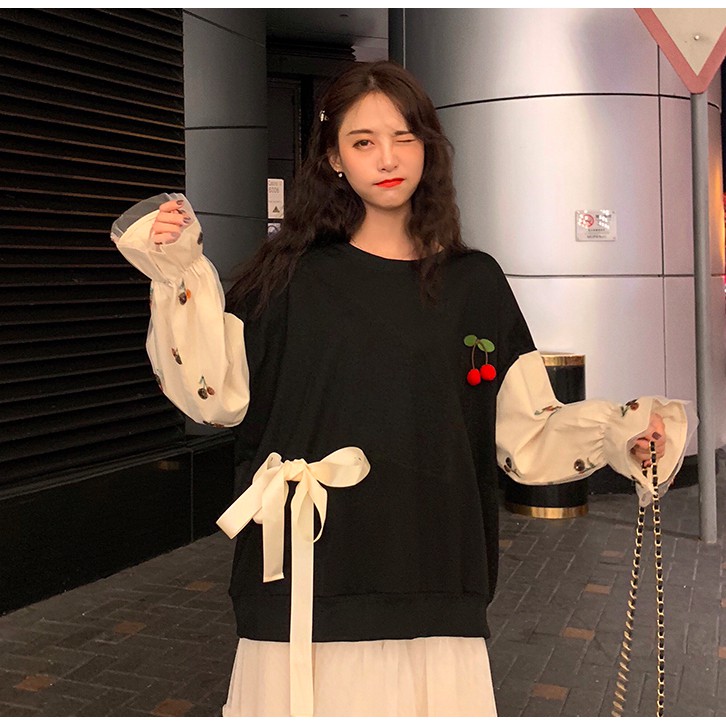 ÁO NỈ THẮT NƠ CHERRY CHÂN VÁY BỒNG BỀNH
