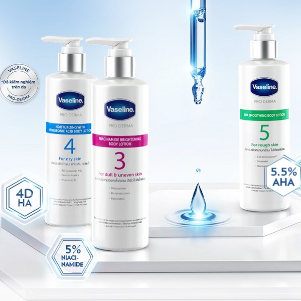 Dưỡng Thể Vaseline Pro Derma 250ml Giúp Cấp Ẩm Đều Màu Sáng Da Căng Mịn Từ Hoạt Chất  5% Niacinamide , 4D HA, 5% AHA Vas