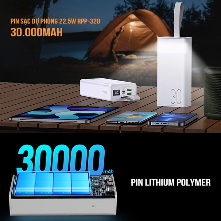 Pin dự phòng sạc nhanh Remax RPP-320 dung lượng 30000mAh có đèn pin - hỗ trợ QC 22.5 và PD 20W