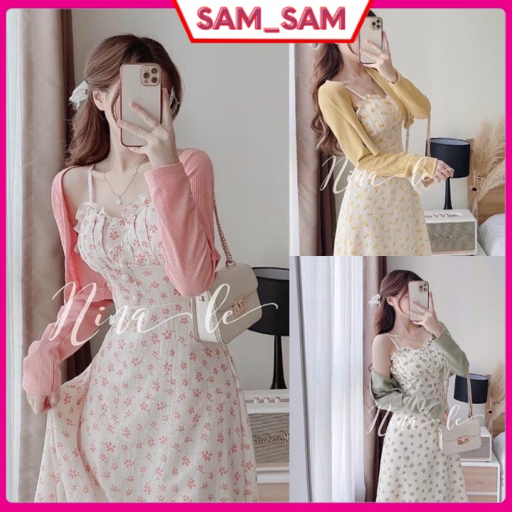 Váy hoa nhí - Đầm 2 dây dáng dài mix áo khoác cadigan phong cách trẻ trung,xinh đẹp cực dễ thương sam_sam_shop_1011